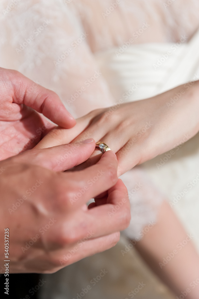新郎が新婦の指に結婚指輪をはめるシーン 新郎が新婦の指に結婚指輪をはめるシーン