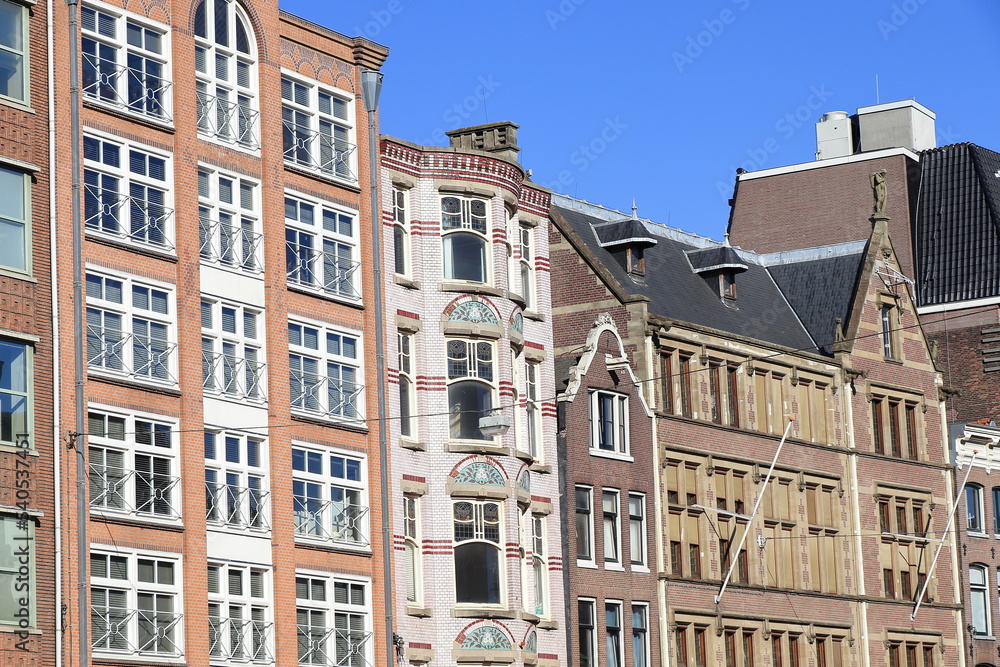 Amsterdam Nieuwezijds Voorburgwal Street Old and New Building Facades View, Netherlands