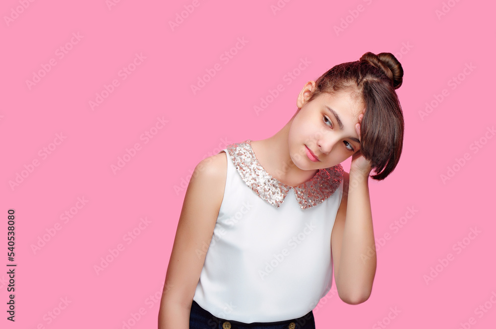 Brunette girl having headache isolated on pink Brunette girl having headache isolated on pink
