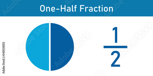 One-half fraction circle with fraction number. Fraction parts. Numerator, denominator and dividing line. Scientific vector illustration isolated on white background.