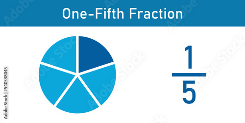 One-fifth fraction circle with fraction number. Fraction parts. Numerator, denominator and dividing line. Scientific vector illustration isolated on white background.