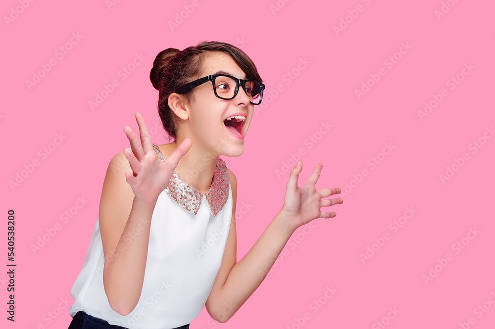 Excited brunette girl screaming of joy isolated on pink Excited brunette girl screaming of joy isolated on pink
