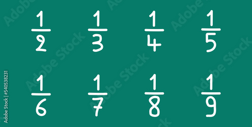 Unit fraction number. Half, third, quarter, fifth, sixth, seventh, eighth, ninth, tenth. Numerator, denominator and fraction bar. Vector illustration isolated on green background.
