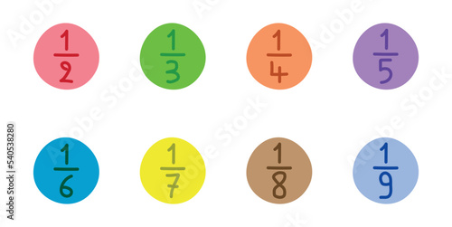 Unit fraction number. Half, third, quarter, fifth, sixth, seventh, eighth, ninth, tenth. Numerator, denominator and fraction bar. Vector illustration isolated on white background.
