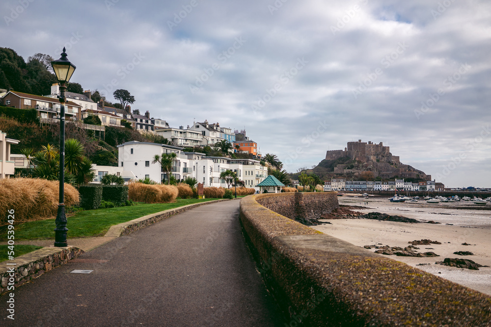 Beautiful view of Mont Orgueil Castle on the cliff