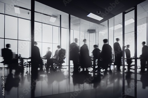 Businesspeople in abstract office interior. Meeting and finance concept. Double exposure © 2rogan