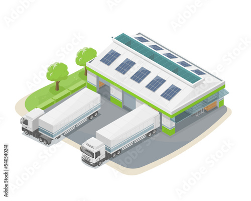 smart warehouse with solar cell energy ecology for eco factory with logistics trailer isometric isolate vector 