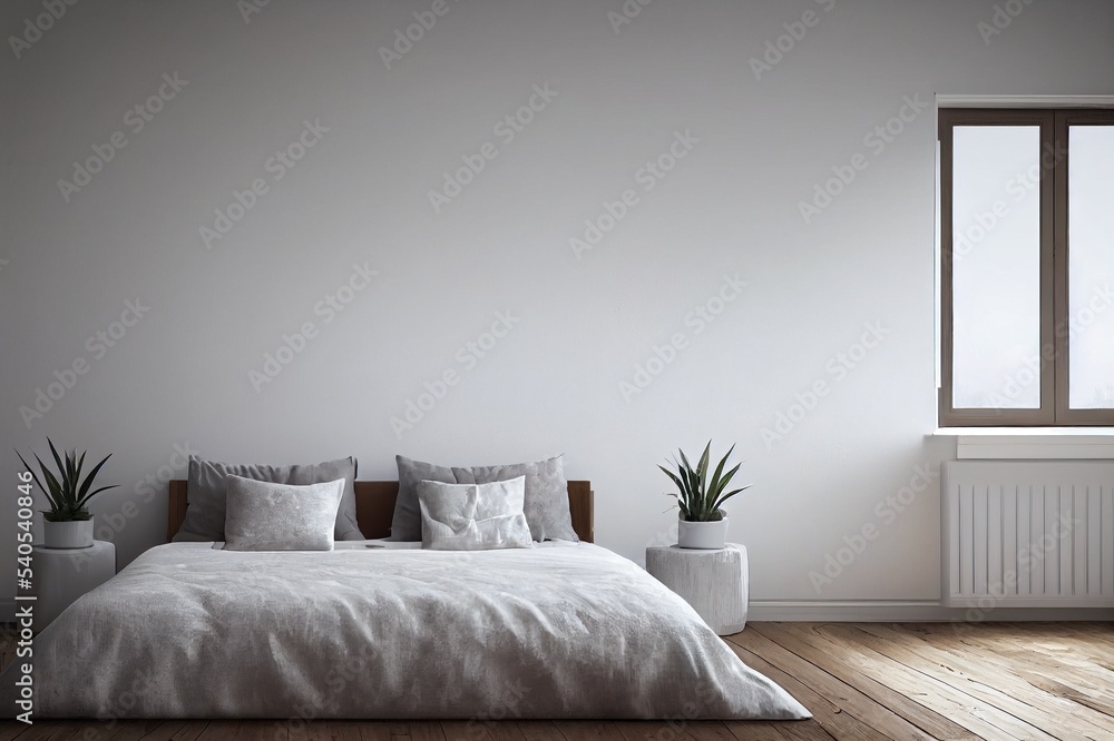 White empty minimalist room interior with door, dresser, vase on a wooden floor, decor on a large wall, white landscape in window. Background interior. Home nordic interior. 3D illistration White empty minimalist room interior with door, dresser, vase on a wooden floor, decor on a large wall, white landscape in window. Background interior. Home nordic interior. 3D illistration