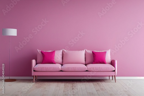 Livingroom interior wall mock up with pink fabric sofa and pillows on white wall background with free space on top. 3d rendering.