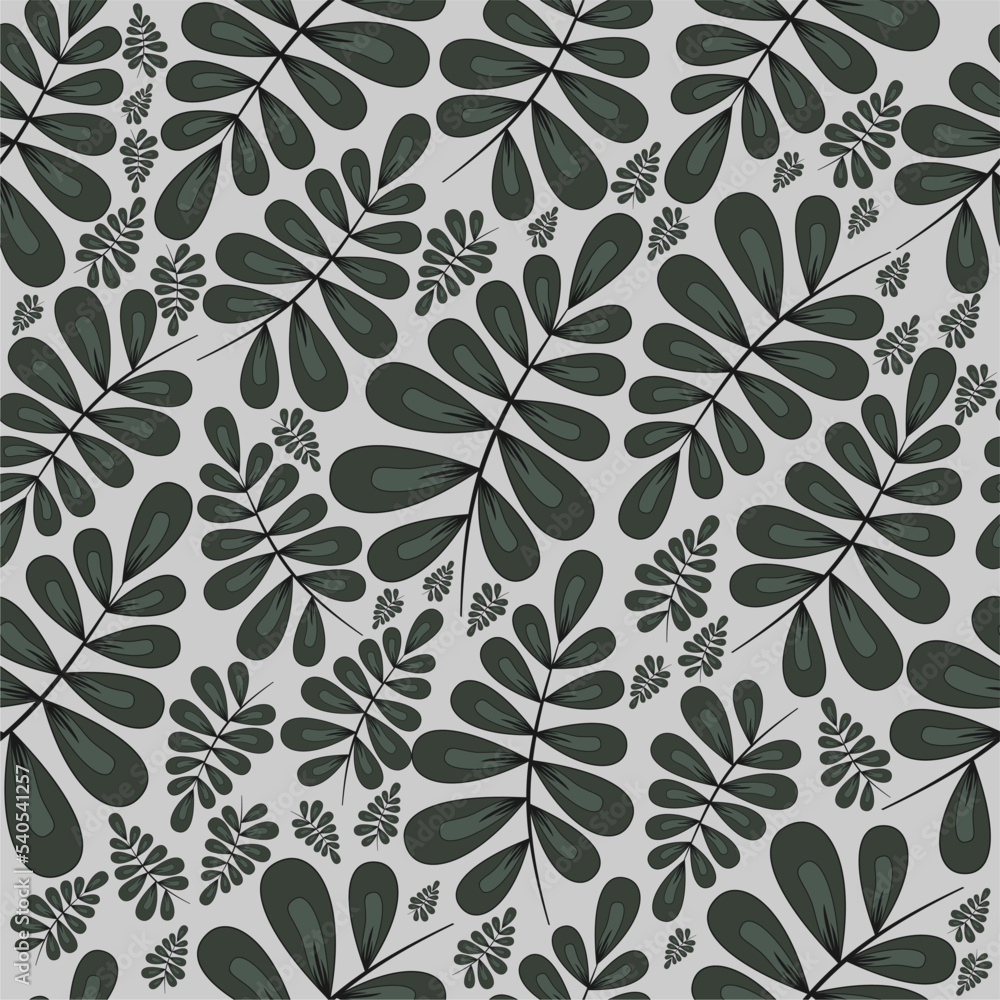 seamless pattern green leaves on a gray background, floral ornament, print for fabric and wallpaper, stationery pattern, flat design plant elements, botanical background