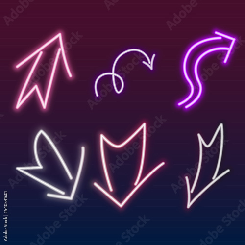 Set of different icons. Vector illustration of neon colorful arrows with different directions. Isolated on dark background.