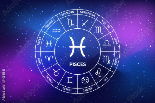 Pisces zodiac sign. Zodiac circle on a dark blue background of the space. Astrology. Cosmogram