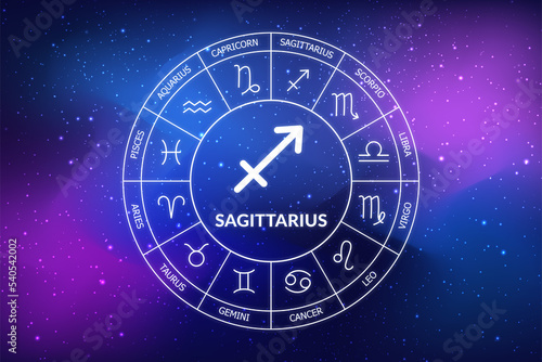 Sagittarius zodiac sign. Abstract night sky background. Sagittarius icon on blue space background