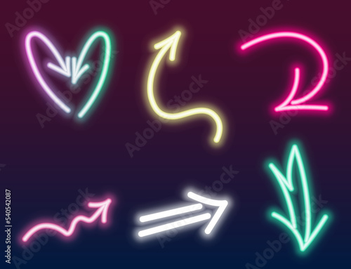 Set of different icons. Vector illustration of neon colorful arrows with different directions. Isolated on dark background.