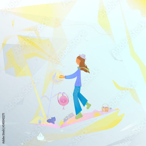 Vector colorful girl with hat outdoors on autumn day, holding lighting sphere and standing near a big flower. Travelling young woman with cat, girl in forest with basket full of berries and mushrooms.
