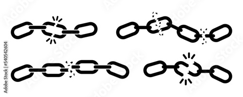 Set of broken chain vector icons. Black silhouette with break or wreck chain. Defect, rupture or shatter signs. Vector 10 EPS. photo