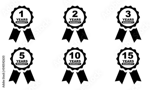 1, 2, 3, 5, 10, 15 years lifetime warranty vector icons set. Guarantee badge for product. Service guarantee labels.