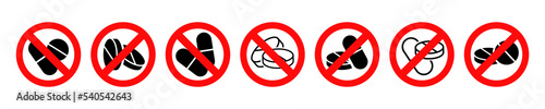 Set of no pills vector signs. Red sign with forbidden take antibiotic. Prohibition drug. Ban pills. Vector 10 Eps.