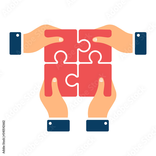 Four hands putting puzzle pieces. Flat vector illustration with join puzzle together. Concept for solution problem. Vector 10 EPS.