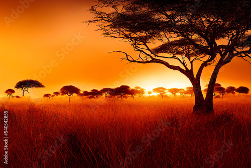 Obraz na płótnie Sunset in african savanna with wilderness landscape