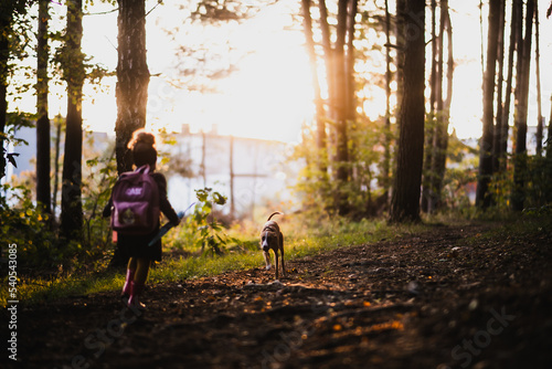 Pies biegnie do małej dziewczynki w jesiennym lesie