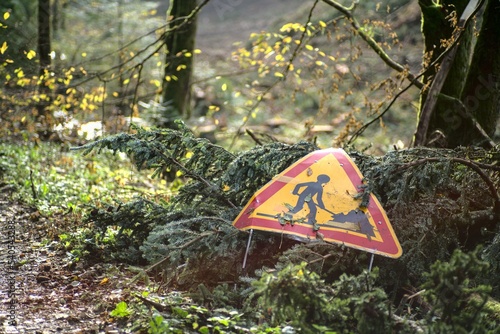 Panneau danger sylviculture travaux en forêt pour l'exploitation de bois de sapin