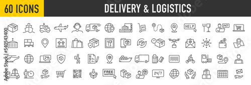 Set of 60 Delivery and logistics web icons in line style. Courier, shipping, express delivery, warehouse, truck, scooter, container, tracking order, support, business collection. Vector illustration.