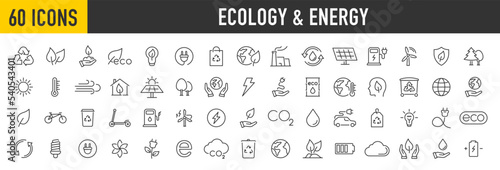 Set of 60 Ecology and Energy web icons in line style. Nature green, electric car, organic, renewable energy, green technology, environmental energy collection. Vector illustration.  © iiierlok_xolms