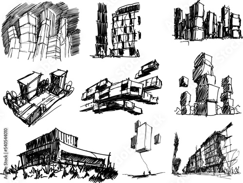 many hand drawn architectectural sketches of a modern fantastic architecture and urban ideas, buildings and people