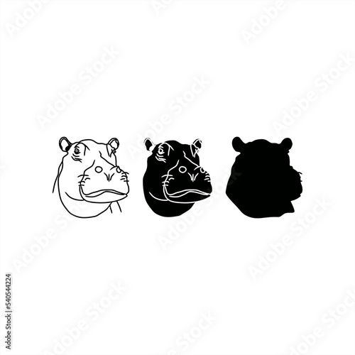 set of monochrome hippopotamus head illustration