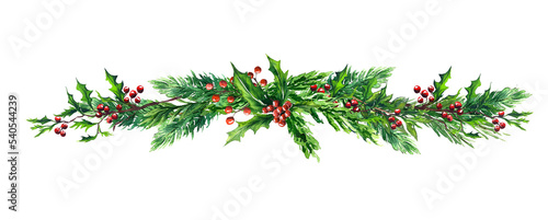 Canvas Print Winter botanical watercolor set floral border green red berries