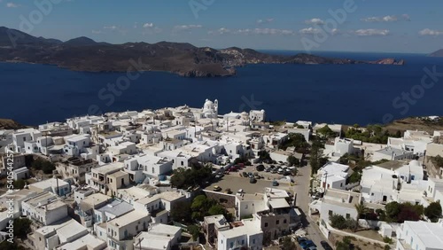 Plaka Chora Village Aerial View in Milos, Cyclades Island in Aegean Sea, Greece