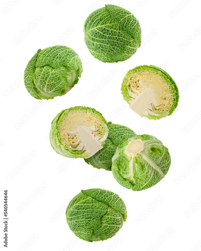 Falling savoy Сabbage isolated on white background, clipping path, full depth of field Falling savoy Сabbage isolated on white background, clipping path, full depth of field