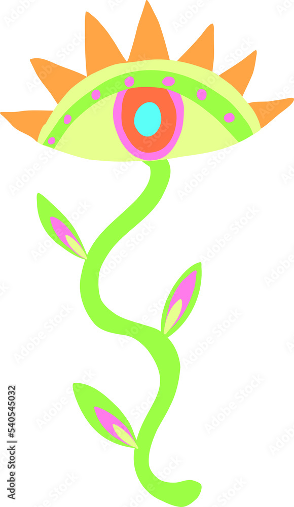 Obraz premium Stylized folk yellow green flower eye with orange lashes. Summer spring holiday element. Psychedelic spring plant. Apparel decoration and print. Holiday card.