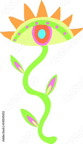 Stylized folk yellow green flower eye with orange lashes. Summer spring holiday element. Psychedelic spring plant. Apparel decoration and print. Holiday card.