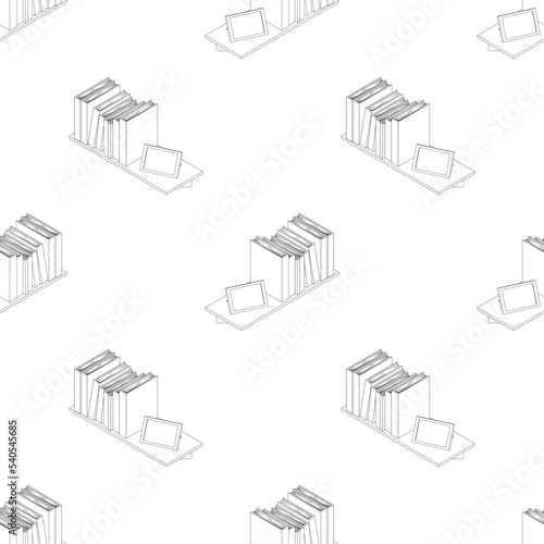 Bookshelf line seamless pattern. A large set of vector images in isometric. Wooden shelf with books and photo frame. Kit for games from different angles. Vector illustration in cartoon style.