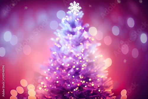 Merry Christmas tree on blurred bokeh lights background.