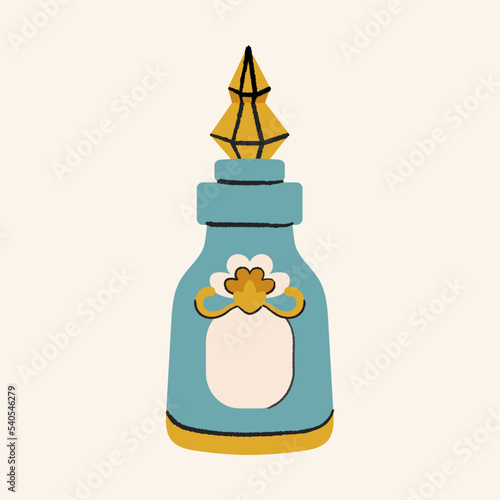 Blue magic potion flask bottle vector icon. Isolated on beige background. Halloween witch item magic elixir phial illustration