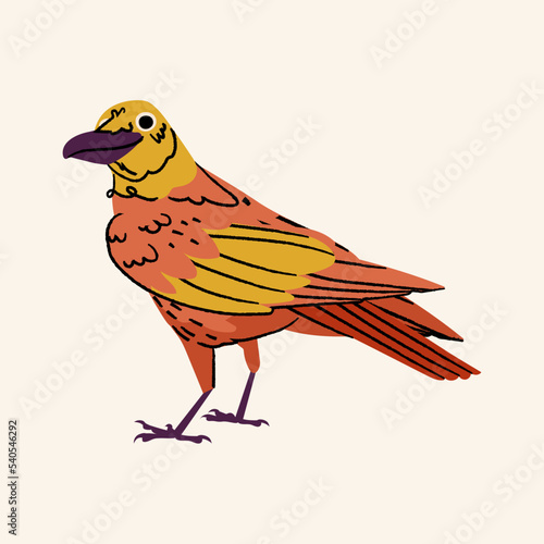 Smile cute yellow crow vector isolated on beige background. Bird Halloween character illustration