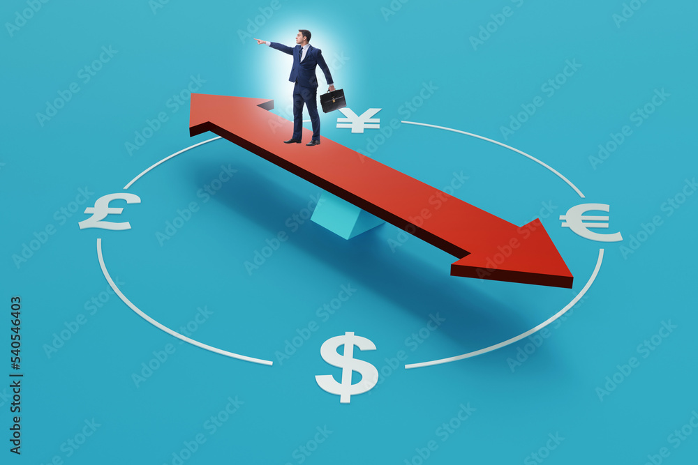 Businessman in currency trading concept with compass Businessman in currency trading concept with compass