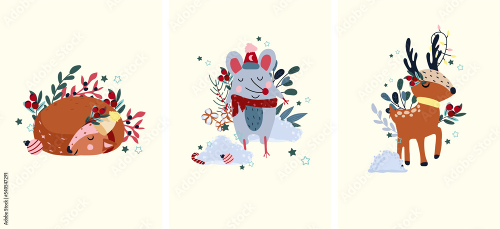 Winter cards with animals, funny reindeer and garlands on the horns, cute mouse in a scarf among heaps of snow, sleeping deer. Magic animals. Concept Christmas and New Year. Vector Winter cards with animals, funny reindeer and garlands on the horns, cute mouse in a scarf among heaps of snow, sleeping deer. Magic animals. Concept Christmas and New Year. Vector