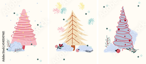 Winter cards with pastel Christmas trees, heaps of snow, pine branches, fireworks and other. Concept Christmas and New Year. Perfect for greeting cards, poster, postcard, banner. Vector