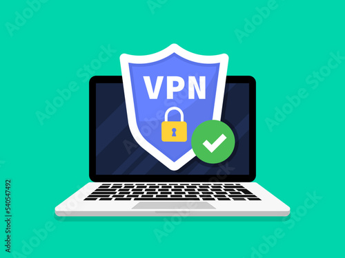 VPN service. Network security antivirus vpn privacy. Laptop with secure VPN connection concept. Data protection. Cyber security, secure web traffic. Secure VPN service used on a laptop. Vector