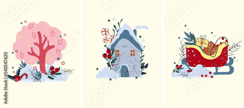 Winter card with colorful tree among heaps of snow, Santa sleigh of present, Christmas house, berry branches and other. Magic banner. Concept Christmas and New Year. Vector illustration.