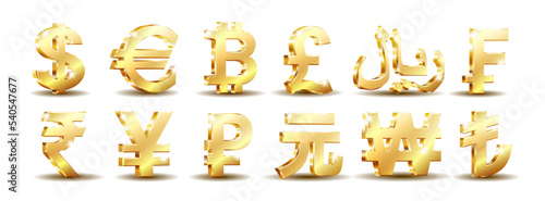 Golden currency sign set. euro, dollar, bitcoin, rial, frank, pound, yen, yuan, rupee, lira, won and rouble