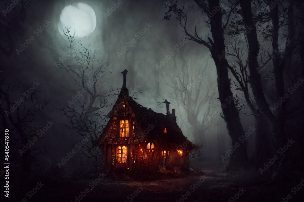 spooky haunted house in the woods
