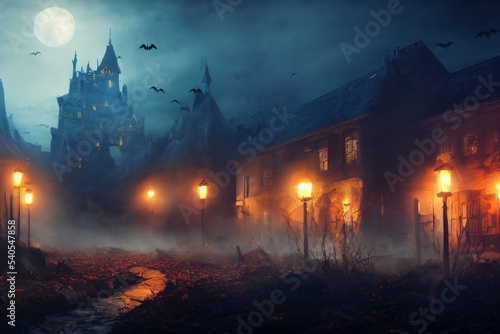 haunting village old buildings background