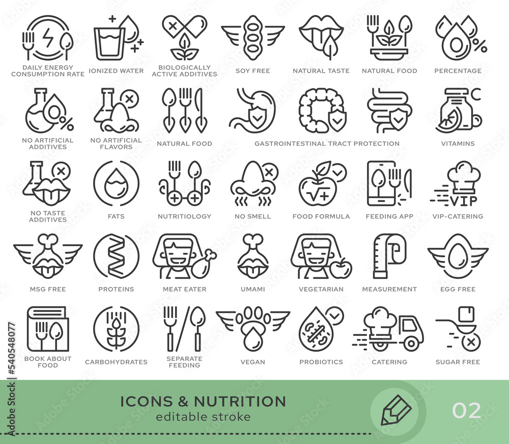 Set of conceptual icons. Vector icons in flat linear style for web sites, applications and other graphic resources. Set from the series - Nutrition. Editable stroke icon.