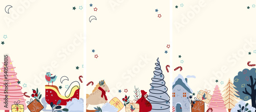 Winter card with colorful Christmas tree, Santa sleigh of present, rocking horse in vintage style and other. Magic banner. Concept Christmas and New Year. Vector illustration. © YustynaOlha