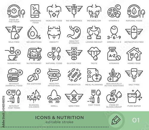 Set of conceptual icons. Vector icons in flat linear style for web sites  applications and other graphic resources. Set from the series - Nutrition. Editable stroke icon.